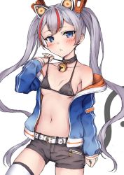 Rule 34 | 1girl, animal ears, armpit crease, bare shoulders, bell, belt, bikini, bikini top only, black bikini, black choker, black shorts, blue eyes, blue jacket, breasts, choker, collarbone, cowboy shot, fake animal ears, grey hair, hair ornament, halterneck, halterneck, hand up, jacket, jingle bell, long hair, long sleeves, looking at viewer, mechanical ears, multicolored hair, navel, off shoulder, open clothes, open jacket, original, parted lips, ryuinu, short shorts, shorts, sidelocks, simple background, small breasts, solo, stomach, strap pull, streaked hair, string bikini, swimsuit, thighhighs, twintails, very long hair, white background, white thighhighs