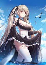 Rule 34 | 1girl, absurdres, ars.rin, azur lane, bare shoulders, between breasts, black dress, blue sky, blush, breasts, cleavage, clothes lift, cloud, day, dress, dress lift, earrings, formidable (azur lane), frilled dress, frills, garter straps, grey hair, hair ribbon, highres, jewelry, large breasts, lifting own clothes, long hair, long sleeves, looking at viewer, outdoors, red eyes, ribbon, sky, solo, thighhighs, thighs, twintails, very long hair, wading, wet, white thighhighs