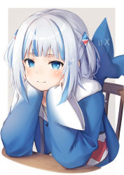 Rule 34 | 1girl, blue eyes, blue hair, blue hoodie, blush, closed mouth, commentary request, fins, fish tail, gawr gura, gawr gura (1st costume), hair ornament, hands on own cheeks, hands on own face, head rest, heart, heart hair ornament, highres, hololive, hololive english, hood, hoodie, long hair, long sleeves, looking at viewer, multicolored hair, nyan (reinyan 007), on chair, shark hair ornament, shark tail, silver hair, simple background, sleeves past wrists, smile, solo, streaked hair, tail, tail raised, two side up, upper body, virtual youtuber, wide sleeves
