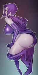 Rule 34 | 1girl, ass, bare shoulders, breasts, cape, dc comics, elbow gloves, gloves, highres, huge ass, large breasts, leg lift, looking at viewer, looking back, purple eyes, purple hair, purple thighhighs, raven (dc), shiny clothes, short hair, solo, teen titans, thick thighs, thighhighs, thighs, zxc