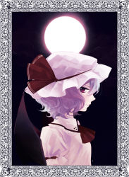 Rule 34 | 1girl, ascot, bad id, bad pixiv id, bat wings, blouse, cloud, framed, full moon, hat, hat ribbon, katagiri (mighty swing), light smile, looking at viewer, mob cap, moon, night, night sky, profile, puffy short sleeves, puffy sleeves, red eyes, remilia scarlet, ribbon, shirt, short hair, short sleeves, sideways glance, simple background, sky, solo, touhou, wings