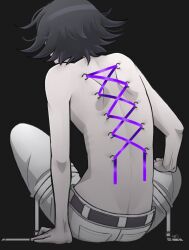 1boy applewolf arm_support back back_piercing belt black_background black_belt black_hair commentary corset_piercing danganronpa_(series) danganronpa_v3:_killing_harmony english_commentary flipped_hair from_behind hand_on_own_leg highres male_focus muted_color oma_kokichi pale_skin pants purple_ribbon ribbon short_hair signature sitting solo spot_color thigh_strap topless_male white_pants