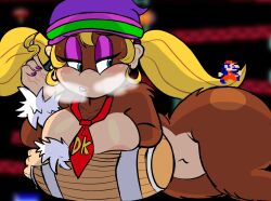 Rule 34 | 1girl, ape, barrel, blonde hair, blue eyes, blush, breast press, breasts, curvy, donkey kong (1981 game), donkey kong (series), earrings, furry, furry female, highres, instantnudeles, jewelry, large breasts, long hair, mario, monkey girl, nail polish, navel, necktie, nintendo, nude, pixel art, shiny skin, steaming body, sweat, thick thighs, thighs, tiny kong, twintails, very long hair, wide hips