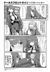 Rule 34 | 2girls, 4koma, black gloves, blush, chair, closed eyes, comic, commentary request, crossed arms, girls&#039; frontline, gloves, greyscale, hair ribbon, hair rings, half updo, hands on own hips, index finger raised, long hair, monochrome, multiple girls, official art, one eye closed, open mouth, pantyhose, ponytail, ribbon, sidelocks, smile, springfield (girls&#039; frontline), tobimura, translation request, wa2000 (girls&#039; frontline), white gloves