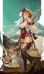 Rule 34 | 1girl, absurdres, atelier (series), atelier ryza, atelier ryza 3, belt, bird, boots, border, bracelet, braid, breast pocket, breasts, brown belt, brown gloves, brown hair, capelet, choker, cloud, collared shirt, crown braid, detached sleeves, gloves, grass, hair ornament, hair ribbon, hairclip, highres, holding, holding staff, jewelry, key, key necklace, large breasts, mooofoo, mountainous horizon, necklace, pocket, red shorts, reisalin stout, ribbon, scenery, shirt, short hair, short shorts, shorts, single glove, sky, staff, thigh boots, thigh strap, thighs, underbust, white border, white headwear, white shirt, wide sleeves, x hair ornament