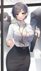 Rule 34 | 1girl, belt, binder, black belt, black skirt, blurry, blurry background, blush, bra, bra peek, breasts, button gap, collared shirt, dress shirt, green eyes, grey hair, highres, holding, id card, large breasts, office lady, original, parted bangs, pencil skirt, shirt, shirt tucked in, short hair, sino42, skirt, sleeves rolled up, smile, solo focus, taut clothes, thumbs up, underwear, v-shaped eyebrows, watch, white shirt, wristwatch