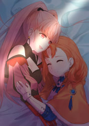 Rule 34 | 2girls, absurdres, annette fantine dominic, bed, breasts, capelet, cleavage, closed mouth, earrings, closed eyes, female focus, fire emblem, fire emblem: three houses, gloves, highres, hilda valentine goneril, hoop earrings, jewelry, long hair, lying, matching hair/eyes, multiple girls, nintendo, on side, open mouth, orange hair, pink eyes, pink hair, ponytail, poppy (poppykakaka), red gloves, upper body