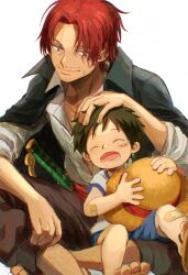 Rule 34 | 2boys, aged down, commentary request, happy, hat, highres, looking at another, monkey d. luffy, multiple boys, oekakiboya, one piece, red hair, sandals, scar, scar across eye, scar on face, shanks (one piece), shirt, short hair, simple background, sitting, sleeping, smile, straw hat, sword, weapon, white background, white shirt