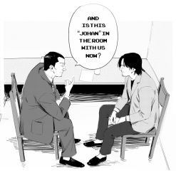 Rule 34 | 2boys, black hair, coat, dudles, english text, facial hair, from side, greyscale, heinrich lunge, highres, interrogation, loafers, messy hair, monochrome, monster (manga), multiple boys, necktie, parody, shoes, sitting, speech bubble, stubble, tenma kenzou