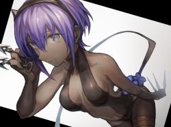 Rule 34 | 1girl, bare shoulders, black eyes, breasts, dark-skinned female, dark skin, fate/grand order, fate/prototype, fate/prototype: fragments of blue and silver, fate (series), hassan of serenity (fate), knife, light smile, looking up, mephisto (angraecum), purple hair, short hair, solo, thighs