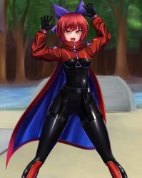 Rule 34 | 1girl, adapted costume, akatsuki records, arms up, black bodysuit, black gloves, bodysuit, bow, commentary request, cropped, fang, feet out of frame, gloves, hair bow, highres, latex, latex bodysuit, looking at viewer, mikotouca, purple bow, red eyes, red hair, sekibanki, short hair, solo, touhou, variant set