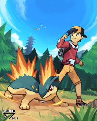 Rule 34 | 1boy, absurdres, artist name, backwards hat, baseball cap, black eyes, black hair, black hat, black shirt, clenched hands, closed mouth, cloud, commentary, creatures (company), day, ethan (pokemon), game freak, gen 2 pokemon, grass, hat, highres, ho-oh, jacket, legendary pokemon, male focus, nintendo, orlek, outdoors, pokemon, pokemon (creature), pokemon gsc, quilava, red jacket, red socks, shirt, shoes, short hair, shorts, sky, smile, socks, standing, tree, yellow footwear, yellow shorts, zipper pull tab