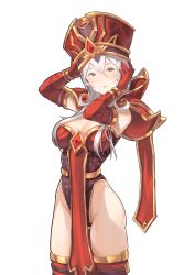 Rule 34 | 1girl, adjusting clothes, adjusting headwear, breasts, cleavage, crown, grayfox, hands up, heroes of the storm, highleg, highleg leotard, highres, leotard, long hair, medium breasts, pelvic curtain, red eyes, red thighhighs, sally whitemane, solo, standing, thighhighs, thighs, warcraft, white background, white hair, world of warcraft