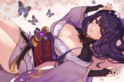 Rule 34 | 1girl, arms up, bad id, bad pixiv id, blurry, blurry background, blush, breasts, bridal gauntlets, bug, butterfly, cleavage, depth of field, from side, genshin impact, highres, insect, japanese clothes, kimono, kimono pull, knees up, large breasts, long hair, long sleeves, looking at viewer, looking to the side, lying, nail polish, neck ribbon, obi, on back, parted lips, petals, purple eyes, purple hair, purple kimono, purple nails, raiden shogun, red ribbon, ribbon, sash, sayosigure, short kimono, shrug (clothing), smile, solo, tassel, vision (genshin impact), wide sleeves