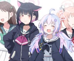 Rule 34 | 4girls, ahoge, animal ears, black choker, black hoodie, black jacket, black neckerchief, blue archive, blue hair, blunt bangs, blurry, blush, bow, bowtie, cat choker, cat ears, choker, closed eyes, closed mouth, collarbone, commentary request, depth of field, facing viewer, green bow, green bowtie, green sailor collar, green skirt, grey serafuku, hair ornament, hairpin, halo, hand on own hip, highres, hood, hoodie, jacket, kazusa (blue archive), long hair, long sleeves, looking at viewer, multicolored hair, multiple girls, natsu (blue archive), neckerchief, one side up, open clothes, open jacket, open mouth, pink hair, pleated skirt, ponytail, red eyes, red neckerchief, reisa (blue archive), sailor collar, saotome (saotome013), school uniform, serafuku, simple background, skirt, smile, standing, star (symbol), star hair ornament, star halo, twintails, two-tone hair, upper body, white background, white sailor collar, white skirt