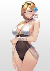 Rule 34 | 1girl, absurdres, azur lane, bare shoulders, bikini, blonde hair, blue eyes, blush, breasts, casual one-piece swimsuit, cleavage, closed mouth, collarbone, commentary request, covered navel, eyewear on head, flower, hair flower, hair ornament, hair over shoulder, highres, hood (azur lane), hood (lady of the shining sun) (azur lane), jewelry, large breasts, long hair, looking at viewer, low ponytail, multicolored bikini, multicolored clothes, multicolored swimsuit, necklace, o-ring, o-ring top, one-piece swimsuit, smile, solo, standing, sunglasses, swept bangs, swimsuit, thighs, yamanokami eaka