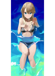 Rule 34 | 1girl, absurdres, bare arms, bare legs, bikini, black bikini, blonde hair, border, breasts, chiisamekai, cleavage, closed mouth, collarbone, green eyes, hair between eyes, highres, long hair, looking at viewer, new game!, pillarboxed, sitting, small breasts, solo, straight hair, swimsuit, water, white border, yagami kou