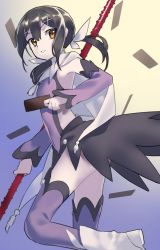 Rule 34 | absurdres, black hair, boots, bow, brown eyes, covered navel, fate/kaleid liner prisma illya, fate (series), gae bolg (fate), hair bow, hair ornament, highres, holding, holding polearm, holding spear, holding weapon, kaerude123, leotard, long hair, looking at viewer, miyu edelfelt, parted lips, polearm, purple leotard, purple thighhighs, showgirl skirt, solo, spear, thighhighs, twintails, weapon, white bow, white footwear, x hair ornament