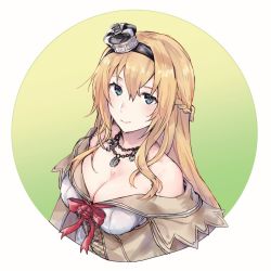 Rule 34 | 1girl, blonde hair, blue eyes, blush, braid, breasts, cleavage, crown, dress, french braid, hair between eyes, jewelry, kantai collection, long hair, medium breasts, mini crown, necklace, off-shoulder dress, off shoulder, satsumi, sidelocks, simple background, smile, solo, two-tone background, upper body, warspite (kancolle)