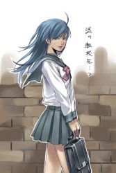 Rule 34 | 1girl, ahoge, bag, blue hair, blue sailor collar, brick wall, briefcase, earrings, from side, grey skirt, holding, jewelry, long hair, looking at viewer, looking to the side, neckerchief, original, pleated skirt, red ribbon, ribbon, sailor collar, school bag, school briefcase, school uniform, serafuku, skirt, solo, tamaki g, tamaki g (artist), walking