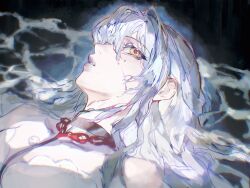 Rule 34 | 1girl, breasts, choker, cleavage, dalujiadebianyuan, darkness, eleven (path to nowhere), floating hair, highres, long hair, partially submerged, path to nowhere, simple background, white hair