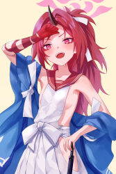 Rule 34 | 1girl, absurdres, black horns, blue archive, breasts, collarbone, cowboy shot, eyeshadow, halo, haori, highres, hip vent, horns, japanese clothes, long hair, makeup, noomaru (nomorepeople), open mouth, pleated skirt, ponytail, red eyes, red eyeshadow, red hair, red halo, red sailor collar, renge (blue archive), sailor collar, sidelocks, simple background, skirt, small breasts, solo, white skirt, yellow background