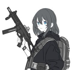 Rule 34 | 1girl, backpack, bag, blue eyes, borrowed character, closed mouth, commentary, english commentary, gun, hair between eyes, holding, holding gun, holding weapon, jacket, long sleeves, looking at viewer, monochrome, original, pixcy (pixcy5), simple background, smile, solo, upper body, watch, weapon, weapon request, white background, wristwatch