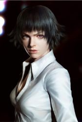 Rule 34 | 00s, 1girl, 3d, black background, breasts, capcom, devil may cry (series), female focus, heterochromia, highres, lady (devil may cry), solo, upper body