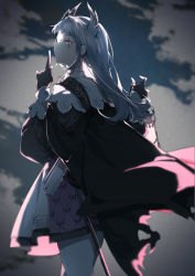 Rule 34 | 1girl, arknights, black cape, black gloves, cape, closed mouth, cowboy shot, finger to mouth, from side, gloves, grey eyes, grey hair, gun, head wings, high-waist skirt, highres, holding, holding lantern, indai (3330425), index finger raised, irene (arknights), lantern, layered skirt, long hair, long sleeves, looking at viewer, looking to the side, pantyhose, profile, puffy long sleeves, puffy sleeves, purple pantyhose, sheath, shushing, sideways glance, skirt, solo, weapon, white pantyhose, white skirt, wings