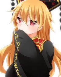 Rule 34 | 1girl, blonde hair, blush, commentary request, covering own mouth, hair between eyes, hat, junko (touhou), long sleeves, looking at viewer, red eyes, sketch, solo, touhou, upper body, wide sleeves, yamisaki (ymsk xx)