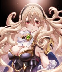 Rule 34 | 1girl, armor, ascot, black hairband, blush, breasts, cape, cleavage, corrin (female) (fire emblem), corrin (fire emblem), fire emblem, fire emblem fates, fire emblem heroes, frills, hair between eyes, hair ornament, hairband, highres, karashino, long hair, looking at viewer, medium breasts, nintendo, official alternate costume, open mouth, pointy ears, red eyes, simple background, smile, solo, very long hair, white hair
