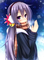 Rule 34 | 10s, 1girl, akebono (kancolle), bad id, bad pixiv id, bell, blush, checkered clothes, checkered scarf, coat, earmuffs, fingernails, flower, hair bell, hair flower, hair ornament, jingle bell, kantai collection, light purple hair, long sleeves, looking at viewer, parted lips, purple eyes, scarf, shocchan (sanymph), snowflakes, solo