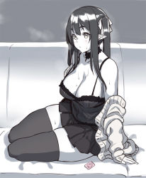 Rule 34 | 1girl, bare shoulders, blush, breasts, choker, cleavage, condom, couch, curvy, dress, elf, elf (houtengeki), female focus, hair ribbon, houtengeki, large breasts, long hair, monochrome, off shoulder, original, pointy ears, ribbon, sidelocks, sitting, skindentation, solo, spot color, sweat, thick thighs, thighhighs, thighs, wide hips
