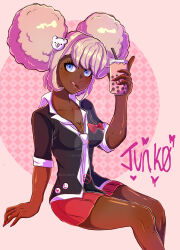 Rule 34 | 1girl, absurdres, afro, afro puffs, artist name, bear hair ornament, black shirt, blonde hair, body freckles, breasts, bubble tea, character name, cinnabowlii, cleavage, closed mouth, collarbone, danganronpa (series), danganronpa another episode: ultra despair girls, dark-skinned female, dark skin, deviantart logo, deviantart username, drink, english text, eyebrows, eyelashes, female focus, fingernails, freckles, freckles on legs, hair ornament, highres, holding, holding drink, looking at viewer, medium breasts, multicolored clothes, multicolored necktie, nail polish, necktie, pink background, pleated skirt, red nails, red skirt, second generation enoshima junko, shirt, simple background, skirt, solo, tongue, tongue out, watermark