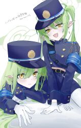 Rule 34 | 2girls, absurdres, belt, black belt, black hat, black jacket, black shorts, blue archive, blush, closed mouth, dantyou2525, earrings, fang, gloves, green hair, green halo, halo, hat, hikari (blue archive), nozomi (blue archive), highres, jacket, jewelry, long hair, long sleeves, multiple girls, open mouth, pantyhose, peaked cap, pointy ears, shorts, simple background, skin fang, smile, twintails, white background, white gloves, white pantyhose, yellow eyes