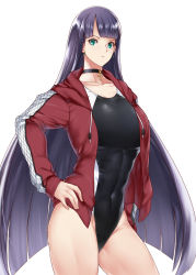 Rule 34 | 1girl, abs, black hair, black one-piece swimsuit, breasts, choker, competition swimsuit, cross, cross necklace, earrings, eye contact, fate/grand order, fate (series), green eyes, hand on own hip, highres, jacket, jewelry, large breasts, long hair, looking at another, looking at viewer, martha (fate), martha (swimsuit ruler) (fate), martha (swimsuit ruler) (second ascension) (fate), navel, necklace, one-piece swimsuit, open clothes, open jacket, red jacket, solo, swimsuit, thighs, tobisawa, very long hair, white background