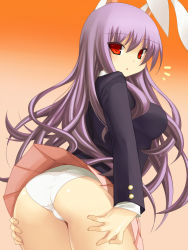 Rule 34 | 1girl, ^^^, animal ears, ass, bad id, bad pixiv id, breasts, female focus, from behind, impossible clothes, impossible shirt, leaning forward, long hair, looking at viewer, looking back, miniskirt, no tail, panties, pantyshot, purple hair, rabbit ears, red eyes, reisen udongein inaba, shirt, simple background, skirt, skirt flip, solo, touhou, tsukumiya amane, underwear, upskirt, white panties