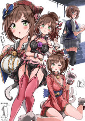 Rule 34 | 1girl, 1other, ;d, absurdres, afterimage, animal ears, animal hands, animal hat, bare shoulders, bell, beret, black skirt, black thighhighs, blush, breasts, brown hair, cat ears, cat hat, cat tail, cleavage, collar, collarbone, collared shirt, commentary request, crop top, fake animal ears, fangs, floral print, flower, garter straps, gloves, green eyes, grey footwear, grey gloves, grey skirt, hair ornament, hair ribbon, hair stick, hand up, hat, high ponytail, highres, idolmaster, idolmaster cinderella girls, japanese clothes, jingle bell, kimono, maekawa miku, medium breasts, midriff, multiple views, navel, neck bell, one eye closed, open mouth, p-head producer, painttool sai (medium), parted lips, paw gloves, paw shoes, pizzasi, plaid headwear, pleated skirt, ponytail, print kimono, producer (idolmaster), purple flower, purple rose, red-framed eyewear, red collar, red headwear, red kimono, red ribbon, red thighhighs, ribbon, rose, school uniform, semi-rimless eyewear, shadow, shirt, shoes, short sleeves, sitting, skirt, sleeveless, sleeveless shirt, smile, stairs, sweat, sweater vest, tail, thighhighs, translation request, under-rim eyewear, v-shaped eyebrows, wariza, white background, white shirt