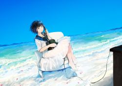 Rule 34 | 1girl, antique phone, bad id, bad pixiv id, barefoot, black hair, blue eyes, blue sky, chair, day, dress, dutch angle, highres, looking at viewer, mountain, ocean, original, outdoors, parted lips, phone, raichi (ryouraichi), reclining, rotary phone, sailor collar, shore, short hair, short sleeves, sky, slouching, soaking feet, solo, wet, wet clothes, white dress