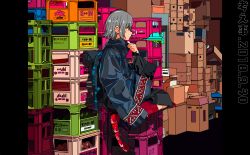 Rule 34 | 1girl, bad id, bad twitter id, blush, box, container, dated, flat color, grey hair, harusameriburo, highres, leg up, long sleeves, original, profile, red socks, shoes, short hair, sleeves past wrists, socks, solo, wide sleeves