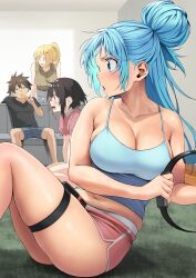 Rule 34 | 1boy, 3girls, aqua (konosuba), armpit crease, bare legs, belly, belt, blonde hair, blue camisole, blue eyes, blue hair, blue tank top, blush, braid, breasts, brown eyes, brown hair, camisole, carpet, cleavage, collarbone, commentary request, contemporary, couch, darkness (konosuba), dolphin shorts, exercising, feet out of frame, food, hair bun, hair ornament, hairclip, highres, indoors, izawa (bhive003), knees up, kono subarashii sekai ni shukufuku wo!, large breasts, legs, long hair, looking ahead, looking to the side, megumin, muffin top, multiple girls, navel, on couch, on floor, open mouth, pants, pink shorts, playing games, popsicle, ring-con, ring fit adventure, satou kazuma, shirt, short hair, short ponytail, short shorts, shorts, single hair bun, sitting, skindentation, sleeveless, sleeveless shirt, smile, spaghetti strap, t-shirt, tank top, thigh strap, thighs