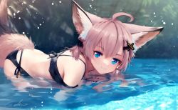 Rule 34 | 1girl, all fours, animal ear fluff, animal ears, arknights, bare shoulders, bikini, black bikini, blurry, blurry background, brown hair, closed mouth, commentary request, day, depth of field, female focus, hair between eyes, hair ornament, hairclip, highres, long hair, looking at viewer, outdoors, signature, smile, solo, sussurro (arknights), sussurro (summer flower) (arknights), swimsuit, twintails, water, welt (kinsei koutenkyoku), x hair ornament