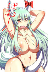 Rule 34 | 1girl, areola slip, armpits, blush, breasts, check translation, cleavage, contrapposto, ex-keine, green hair, hair censor, hair over breasts, highres, horns, kamishirasawa keine, large breasts, long hair, navel, penis sheath, plump, red eyes, solo, standing, string, sweat, thong, topless, touhou, translated, translation request, wide hips, yagami (mukage)