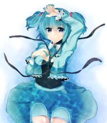 Rule 34 | 1girl, artist request, bad id, bad pixiv id, blue eyes, blue hair, female focus, hair bobbles, hair ornament, kawashiro nitori, koyuri shouyu, looking at viewer, matching hair/eyes, no headwear, no headwear, partially submerged, ribbon, short hair, sitting, skirt, smile, solo, touhou, twintails, two side up, water, wet, wet clothes