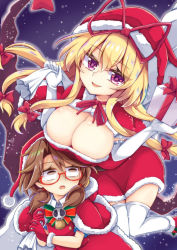 Rule 34 | 2girls, alternate costume, arms up, bag, blonde hair, blue background, bow, bowtie, box, breast rest, breasts, breasts on head, brown eyes, brown hair, capelet, cleavage, commentary, constricted pupils, dress, elbow gloves, feet out of frame, floating, foreshortening, fur-trimmed capelet, fur-trimmed dress, fur-trimmed gloves, fur-trimmed headwear, fur trim, gap (touhou), gift, gift box, glasses, gloves, hair ribbon, hat, hat ribbon, highres, holding, holding bag, holding box, keyaki chimaki, large breasts, light particles, long hair, looking at another, looking at breasts, looking at viewer, looking up, low twintails, multiple girls, neck ribbon, parted lips, purple eyes, red-framed eyewear, red capelet, red gloves, red neckwear, ribbon, santa dress, santa hat, semi-rimless eyewear, short dress, short hair, sidelocks, skull brooch, striped bow, striped bowtie, striped clothes, striped neckwear, thighhighs, touhou, tress ribbon, twintails, under-rim eyewear, upper body, usami sumireko, very long hair, white gloves, white legwear, yakumo yukari