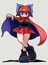 Rule 34 | 1girl, absurdres, black shirt, blue bow, bow, cloak, hair bow, highres, long sleeves, miniskirt, red cloak, red eyes, red hair, red skirt, ribbon-trimmed bow, ryo (ryopics), sekibanki, shirt, short hair, simple background, skirt, solo, touhou, white background