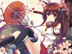 Rule 34 | 10s, 1girl, bad id, bad pixiv id, breasts, brown eyes, brown hair, cherry blossoms, detached sleeves, hair ornament, kanora, kantai collection, large breasts, long hair, looking at viewer, oil-paper umbrella, personification, ponytail, single thighhigh, smile, solo, thighhighs, umbrella, very long hair, yamato (kancolle)