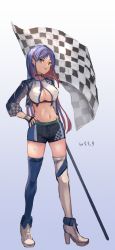 Rule 34 | 1girl, alternate costume, asymmetrical legwear, black shorts, blue hair, blue thighhighs, breasts, crop top, flag, full body, highres, holding, holding flag, jacket, kantai collection, large breasts, long hair, midriff, mismatched legwear, multicolored hair, navel, open clothes, open jacket, race queen, red hair, short shorts, shorts, solo, south dakota (kancolle), standing, star (symbol), thighhighs, white hair, white thighhighs, wss (nicoseiga19993411)