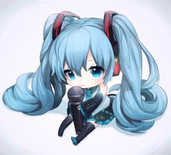 Rule 34 | 1girl, bad id, bad pixiv id, blue eyes, blue hair, blue nails, boots, chibi, colorized, hatsune miku, highres, koujira, kyama, long hair, matching hair/eyes, microphone, nail polish, necktie, oversized object, simple background, skirt, solo, thigh boots, thighhighs, twintails, very long hair, vocaloid
