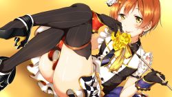 Rule 34 | 10s, 1girl, absurdres, animal ear legwear, cafe maid (love live!), cat ear legwear, commentary request, crossed legs, earrings, flower, gloves, high heels, highres, hoshizora rin, jewelry, ksk (semicha keisuke), looking at viewer, love live!, love live! school idol festival, love live! school idol project, microphone, necktie, orange hair, ribbon, rose, solo, striped clothes, striped thighhighs, thighhighs, tongue, tongue out, vertical-striped clothes, vertical-striped thighhighs, wrist cuffs, yellow eyes, yellow flower, yellow rose